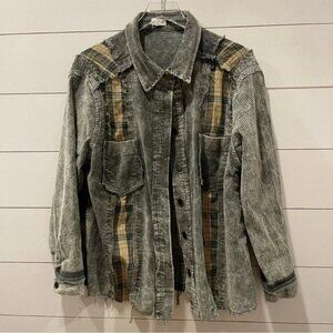 POL Distressed Corduroy & Plaid Shacket Womens Size Large